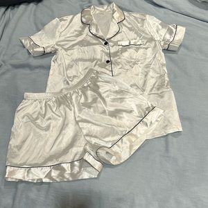 White satin sleep set with black piping